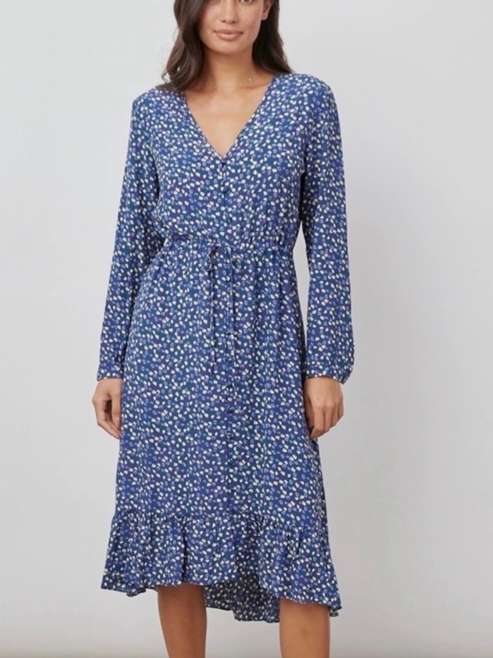 Rails Jade Dress Navy Ditsy Floral Button Front Hi-Low Ruffle Hem Size Medium - Picture 4 of 13